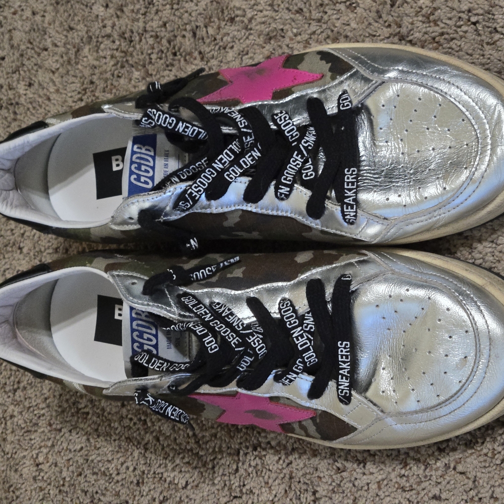 Golden Goose Metallic Silver Sneakers with Pink Star